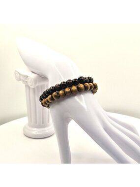 Wooden Beaded Bracelet Set With Black & Brown Tones Stretchable Design Unisex